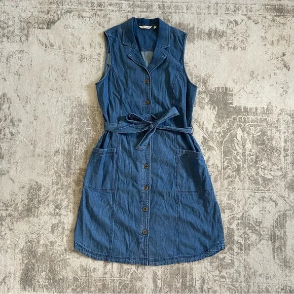 Soft Surroundings Blue Denim Sleeveless‎ Button Up Tie Waist MIDI Dress Medium - Picture 2 of 10